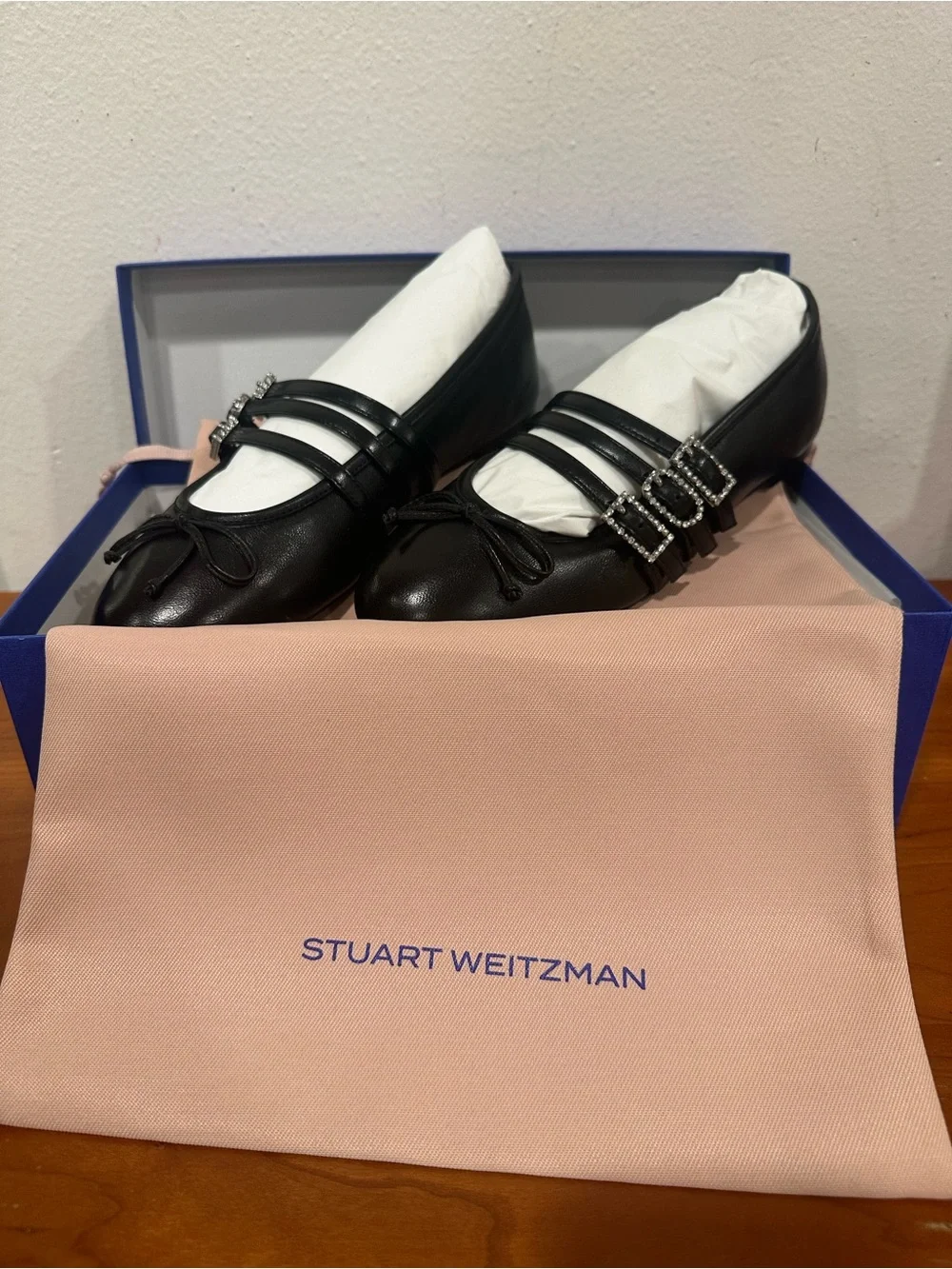 Stuart Weitzman Black Triple-Strap Ballet Flats with Rhinestone Buckles
